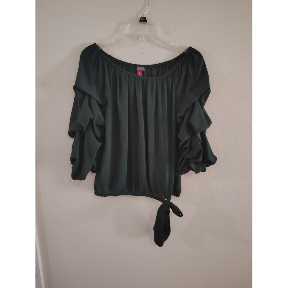 Vince Camuto Womens PL Forest Green Ruffle Sleeve Off Shoulder Tie Hem‎ Blouse